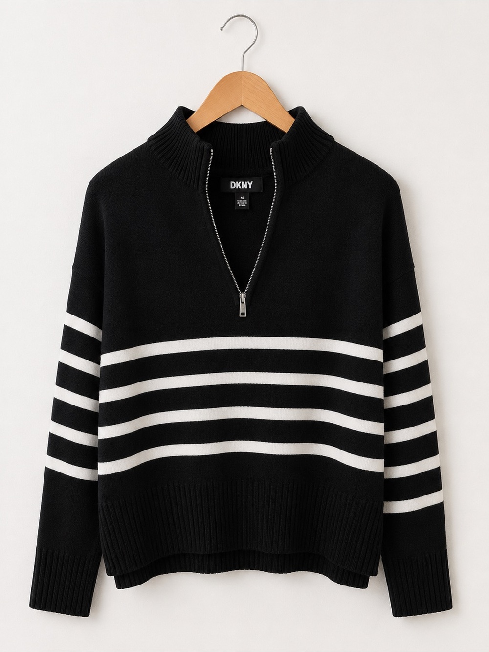 DKNY Women’s Black & White Striped Quarter-Zip Mock Neck Sweater NWT